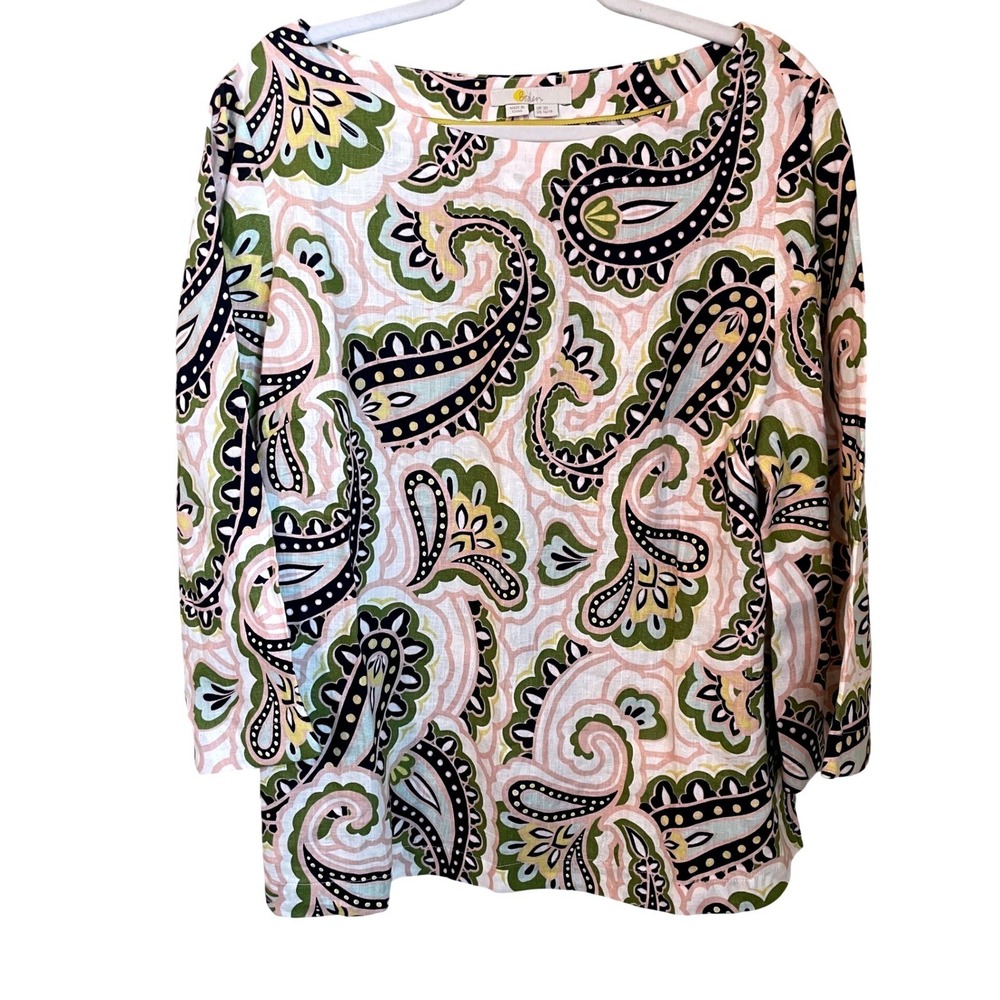 Boden Womens US 16/18 Paisley Boat Neck 3/4 Sleeve Linen Tunic Top Pink Green